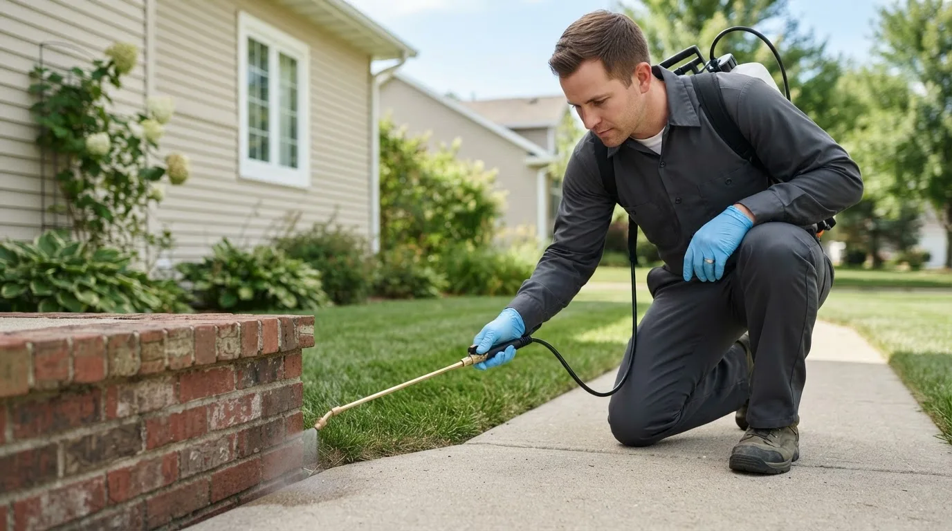 Pest control technician treating a home near Ashley, IN