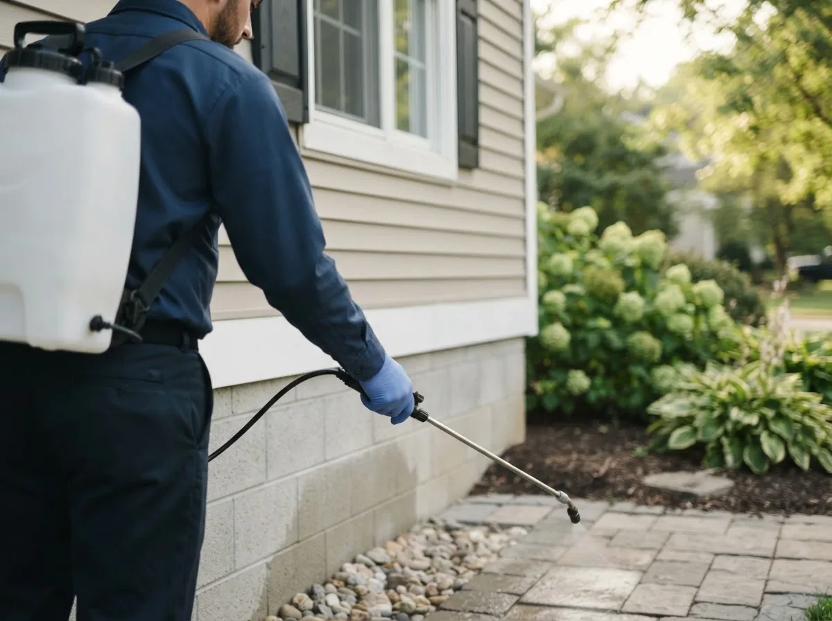 Pest control technician inspecting a home in Ashley, IN